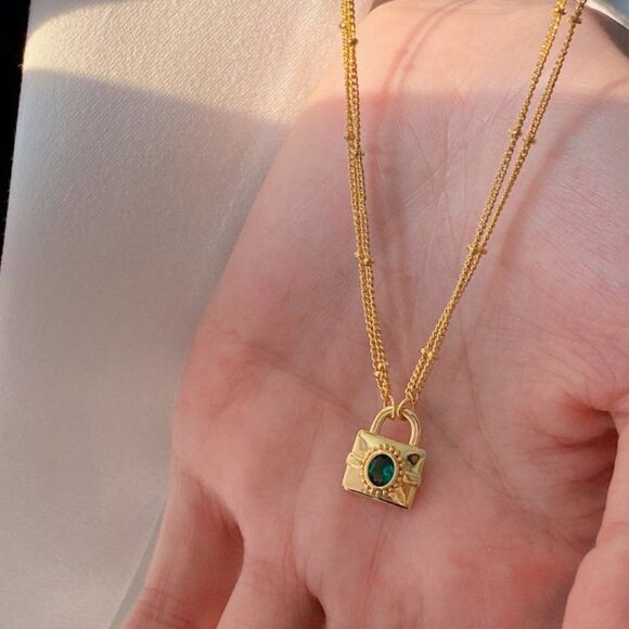 Dainty Gold Double-Layer Lock Pendant Necklace - Double Chain, Emerald Green - Picture 2 of 6